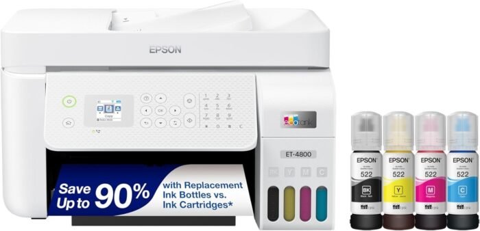 Epson EcoTank ET-4800 Wireless All-in-One Cartridge-Free Supertank Printer with Scanner, Copier, Fax, ADF and Ethernet ? Ideal-for Your Home Office, White