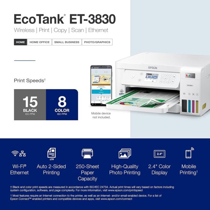 Epson EcoTank ET-3830 Wireless Color All-in-One Cartridge-Free Supertank Printer with Scan, Copy, Auto 2-Sided Printing and Ethernet ? The Perfect Printer Productive Families,White - Image 4