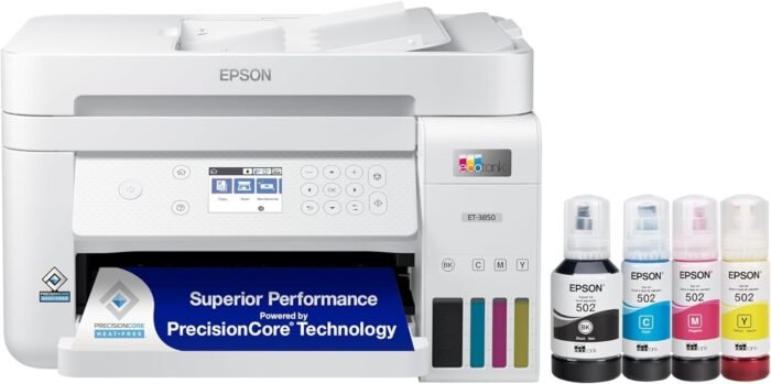 Epson EcoTank ET-3850 Wireless Color All-in-One Cartridge-Free Supertank Printer with Scanner, Copier, ADF and Ethernet ? The Perfect Printer Home Office,White